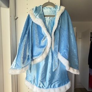 Elsa-Inspired Blue Satin Hooded Cape with White Trim